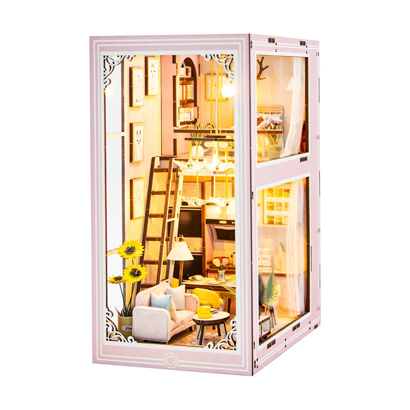 

DIY Miniature Model: Pink Apartment Building, Book Stand, Hand-Assembled Wooden Miniature, DIY Assembly Toy