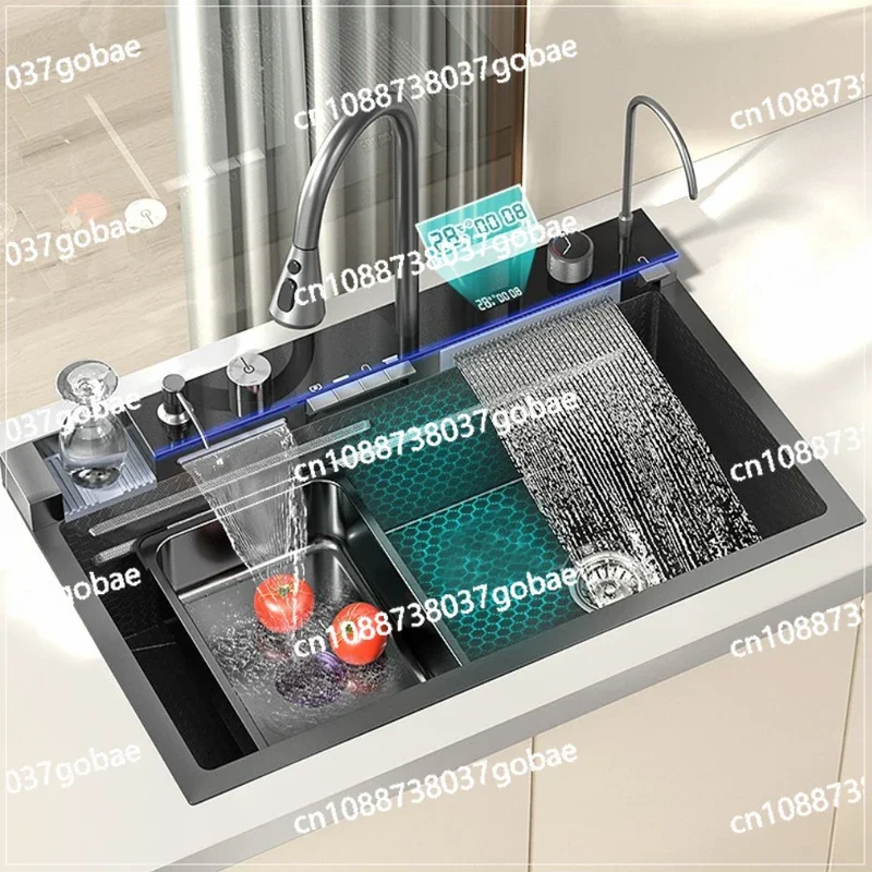 Discount Luxury Anti-Scratch LED Digital Display Waterfall Kitchen Sink with Cup Washer and Soap Dispenser