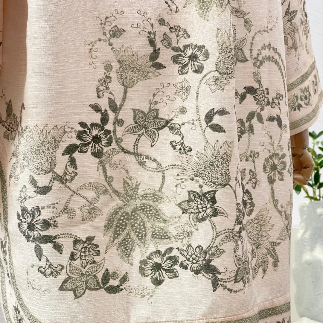 

Beige Long Sleeve Hooded Peacock Floral Print Bell Bottoms Tops and Pants Set 2025 Linen Silk