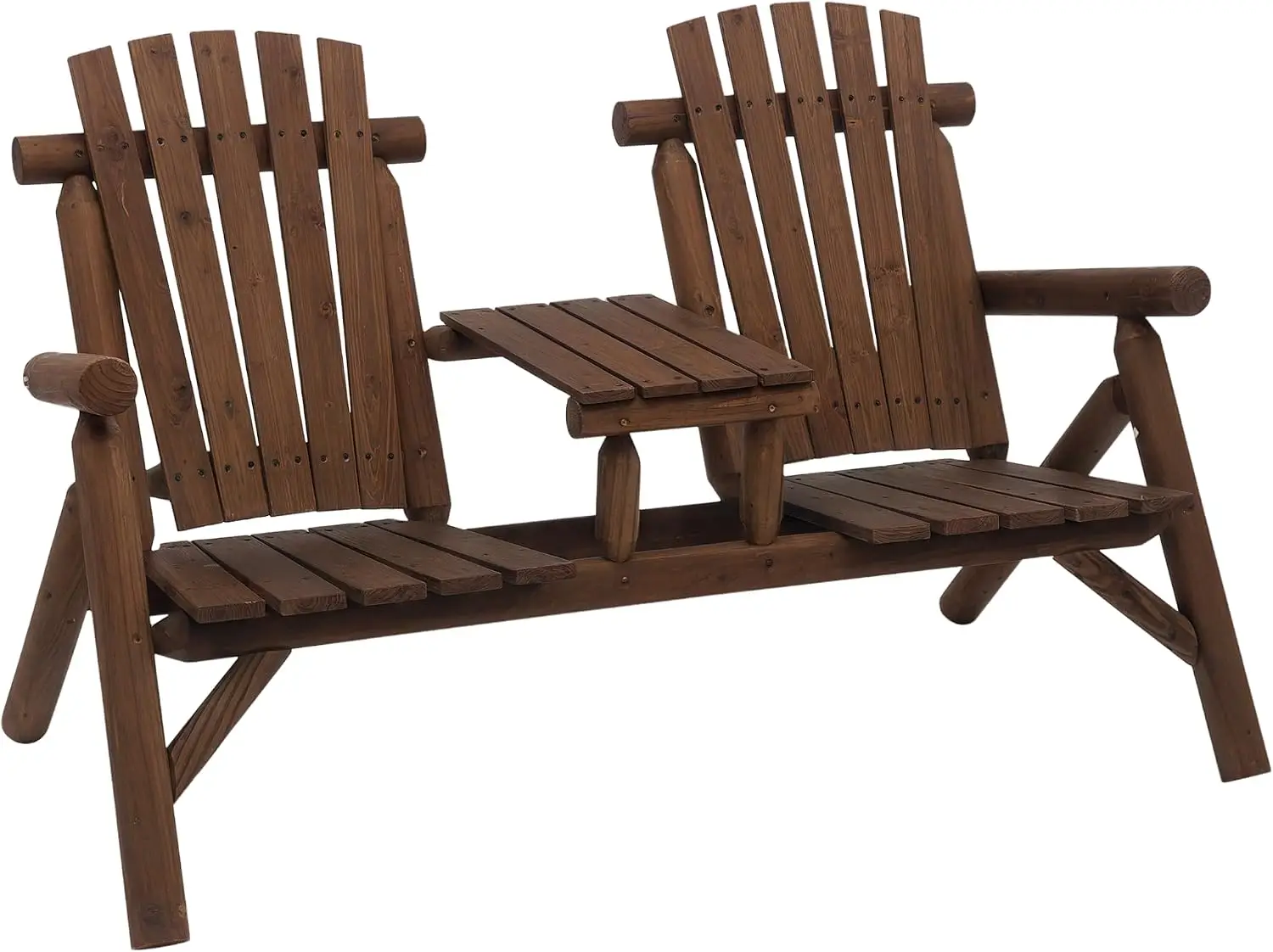 2 Seat Wooden Adirondack Chair Patio Bench With Table Carbonized Outdoor Loveseat Fire Pit Chair Seating Furniture For Porch Backyard Deck Garden Lawn, Carbonized Brown