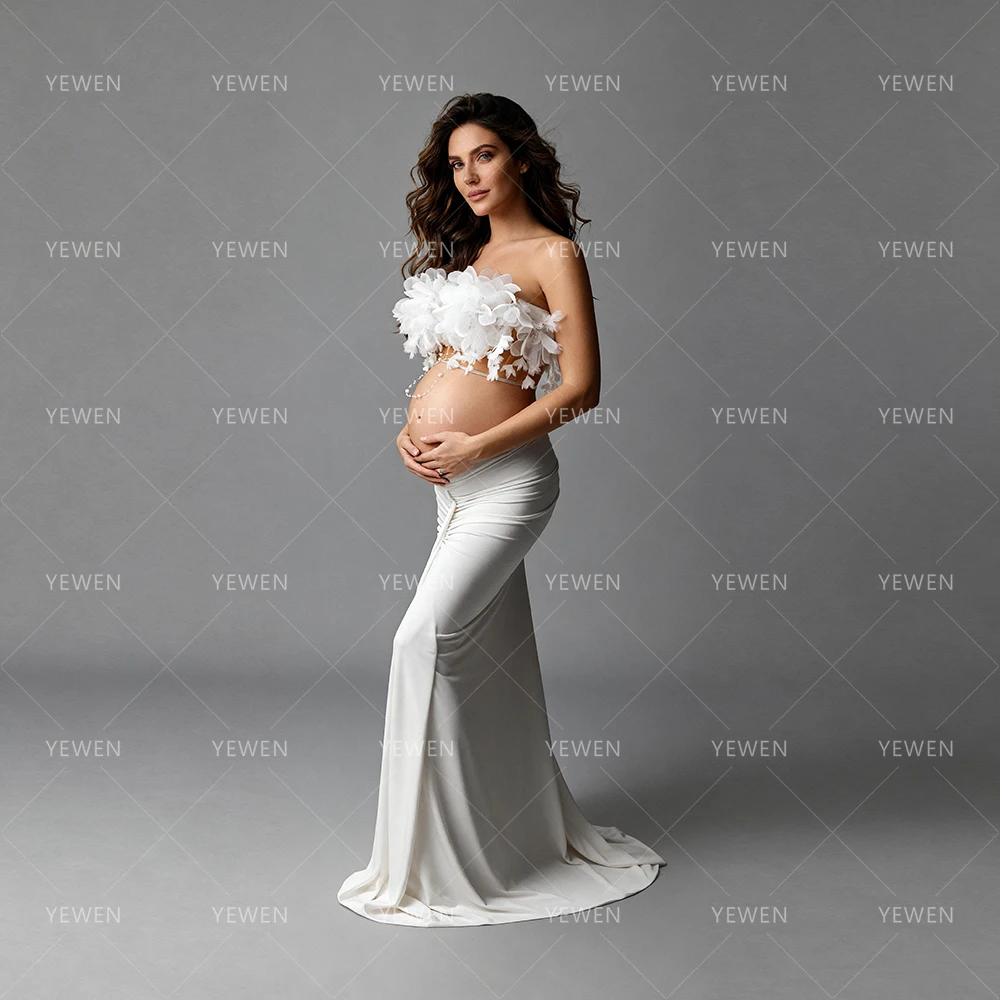 Maternity Photoshoot Dresses White Satin Strapless 3D Floral Dress for Pregnant Women Maternity Dress Photoshoot YW2603141D