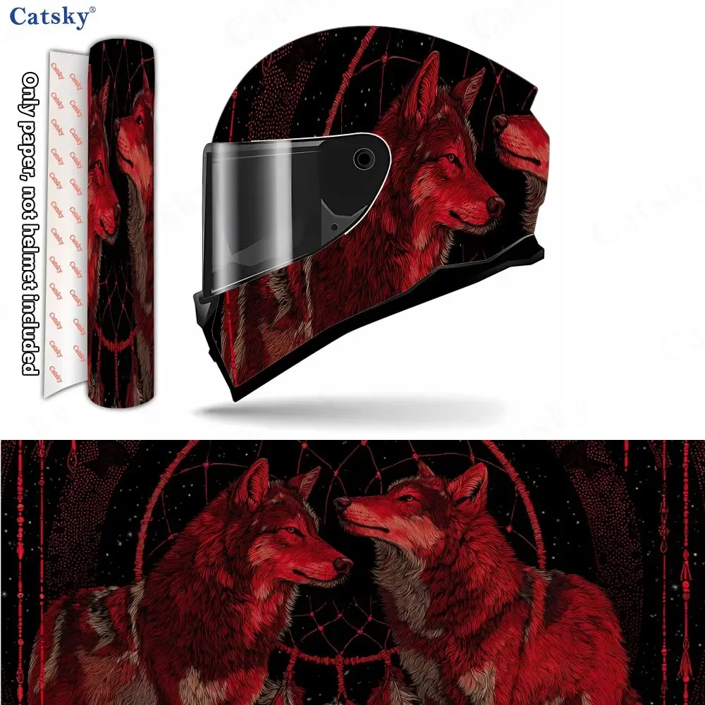 Adesivo para Capacete de Motocicleta com Lobo Gêmeo Vermelho e Apanhador de Sonhos, Adesivo de Vinil Autoadesivo Impermeável para Capacete, Filme de G
