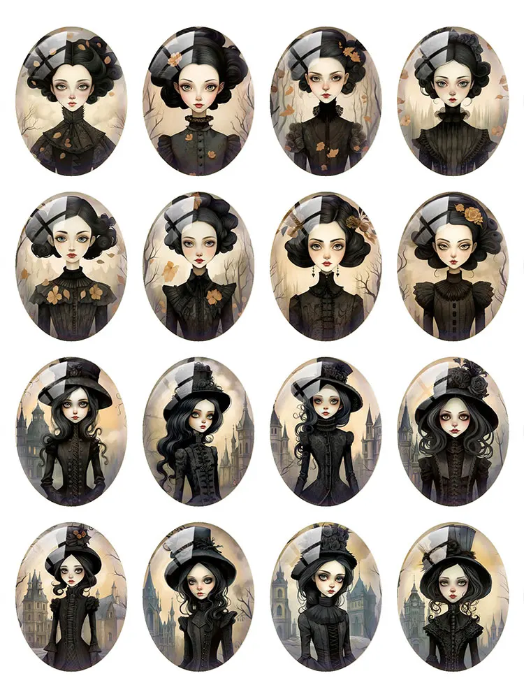 10pcs/lots Gothic Black Style Girl Oval Photo Glass Cabochon Charm Demo Flat Back Cameo For Diy Jewelry Making Accessories