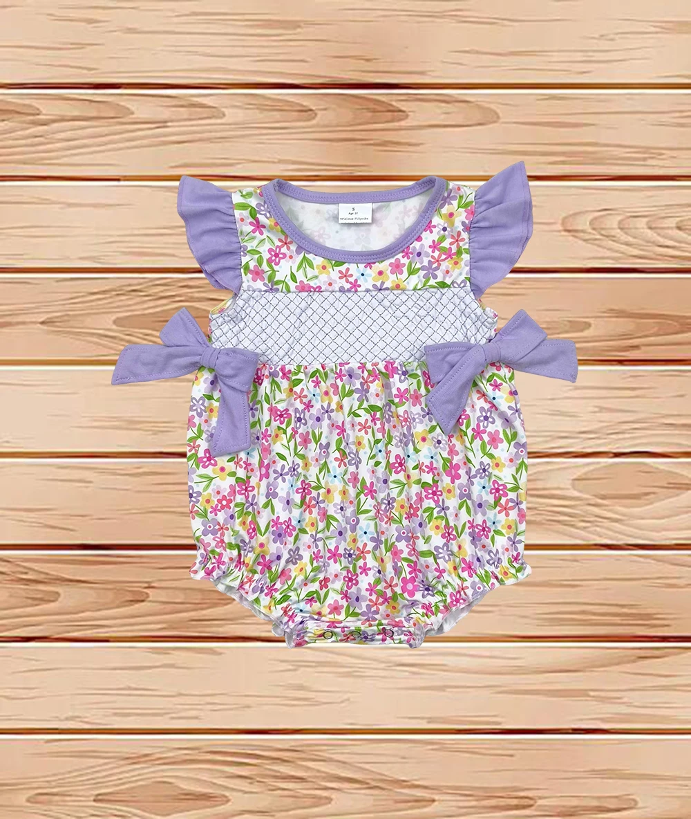 

4.14 Wholesale western boutique onesies Newborn toddler Baby Infant Girls Lavender Flutter Sleeves Floral Bows Top Ruffle Romper