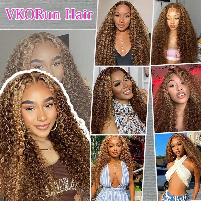 36インチ ハニーブロンド 13x4 ディープウォーターウェーブ レースフロントウィッグ 人毛 4/27 ハイライト 透明レースフロント カールウィッグ 女性用