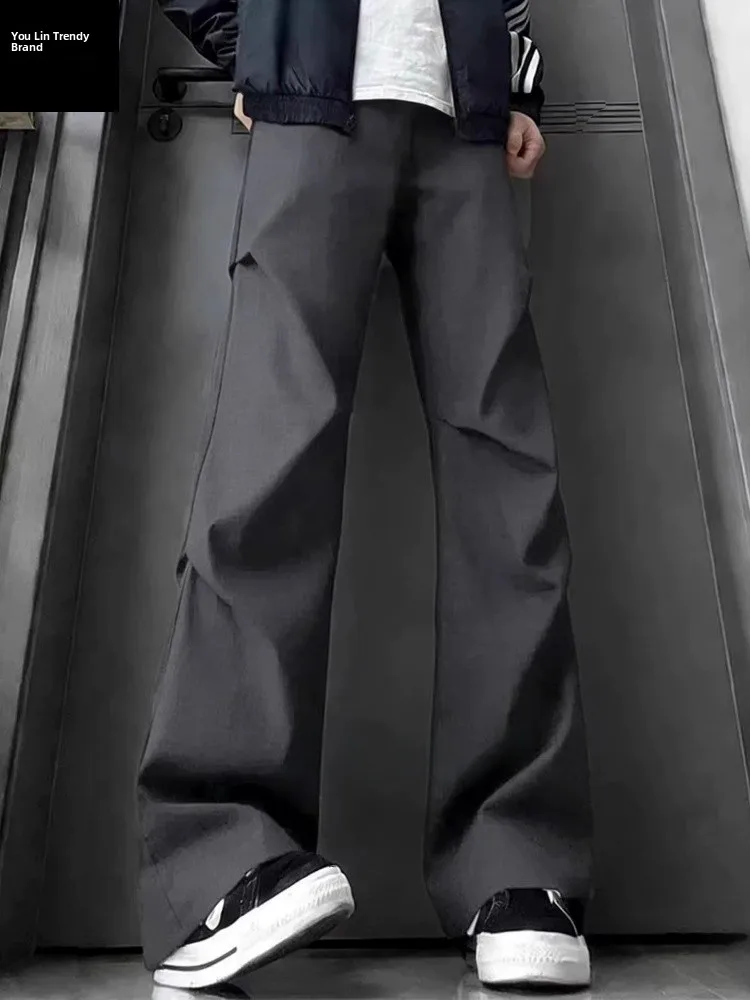 Cleanfit Men's Wide Leg Pants Winter American High Street Style Fleece Lined Pleated Micro Flared Trousers Deep Grey