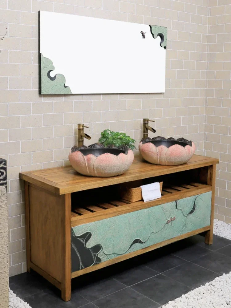 A New Chinese Style Bathroom Cabinet Combination Table Double Basin Hand Washing Bathroom Cabinet Washstand
