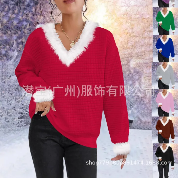 

2025 New Autumn and Winter Solid Color Three-dimensional Plaid V Sweater European and American Women's Clothing