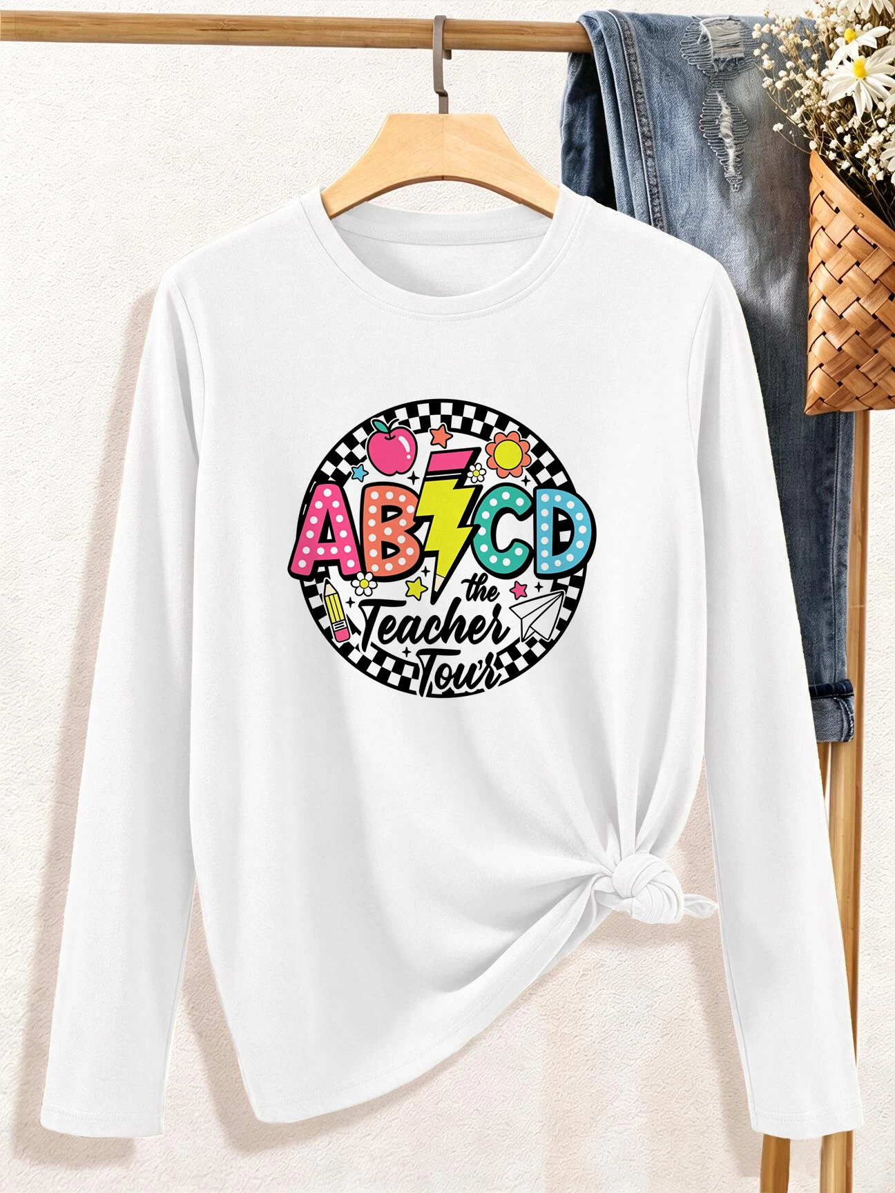 Women's Casual Graphic Print T-Shirt Long Sleeve Crew Neck Tees Tops with Playful ABCD Teacher Tour Design T Shirt Female Outfit