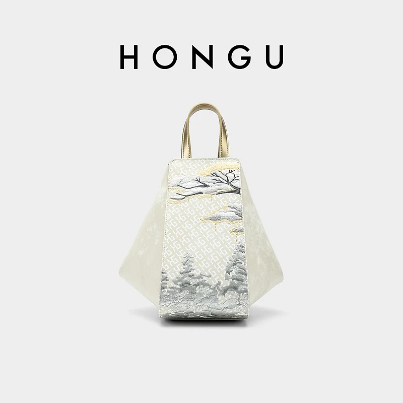 

HONGU Chinese Style Women Handbag Luxury Designer Shoulder Bag with Traditional Landscape Pattern Elegant Apricot Tote H51456185
