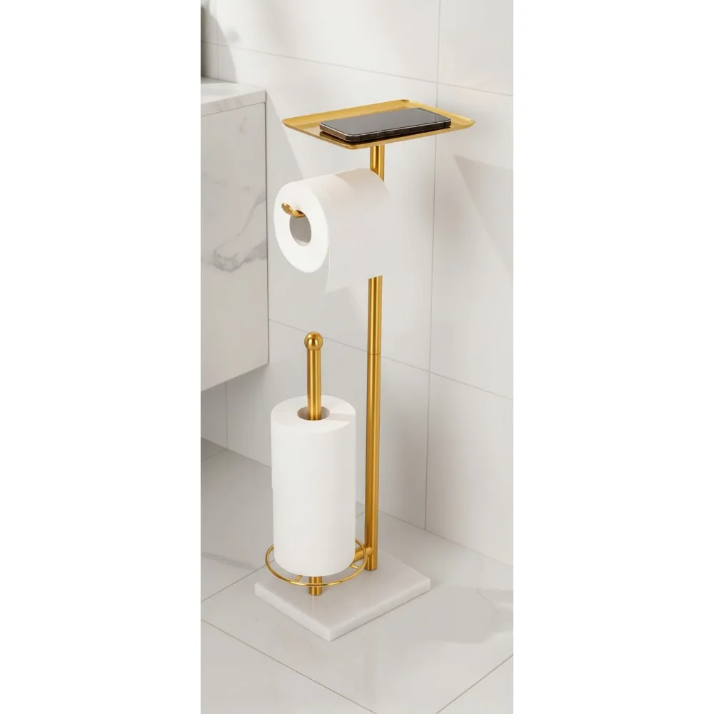 

Freestanding Toilet Paper Holder with Tray, Marble Base Holds 3 Extra Rolls, No Drilling Gold Bathroom Organizer