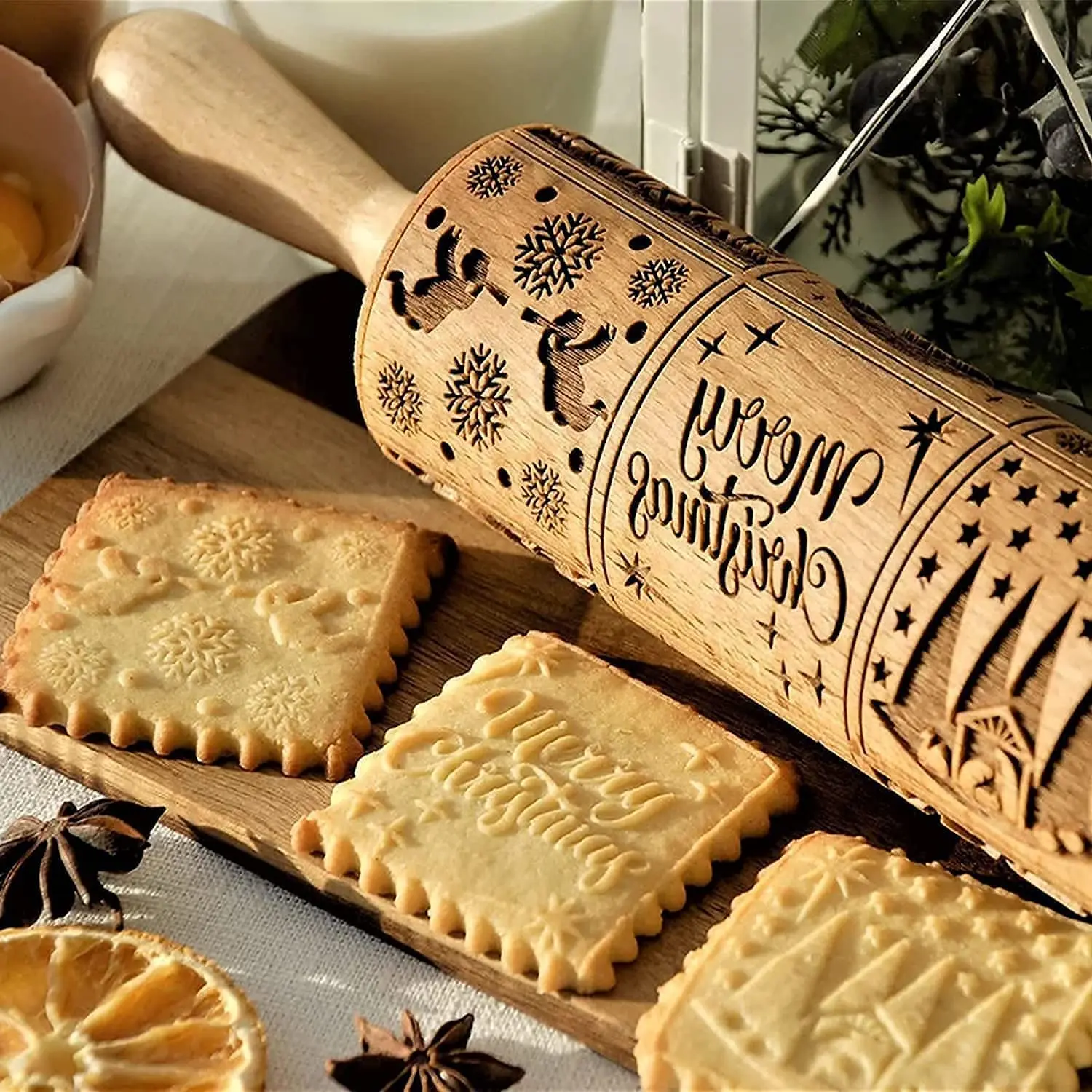Christmas Print Rolling Pin Wooden Cookie Pastry Christmas Gift Surround Elk Snowflake Style Christmas Decoration DIY Handicraft