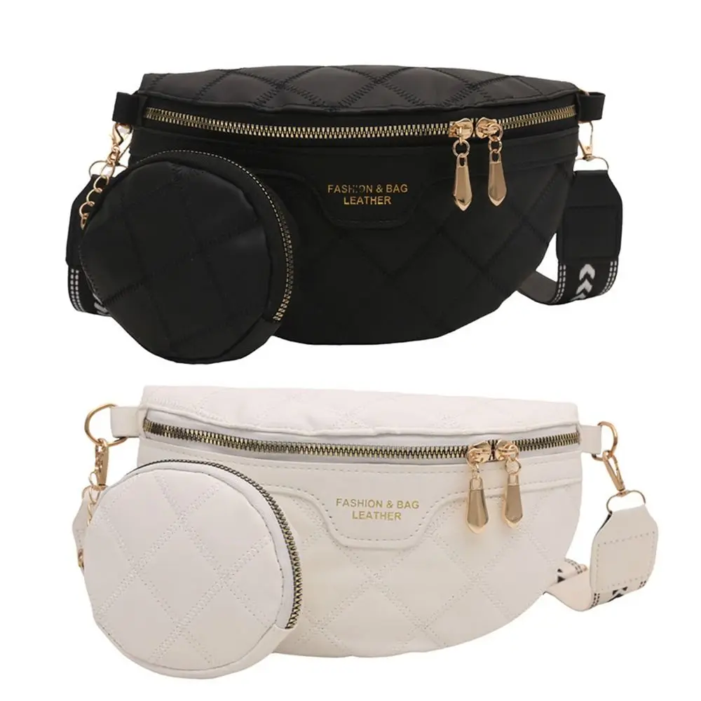 

Fashion PU Leather Crossbody Chest Bag Stylish Chain Zipper Wide Strap Fanny Pack Woven Lattice Pattern Shoulder Bag Travel