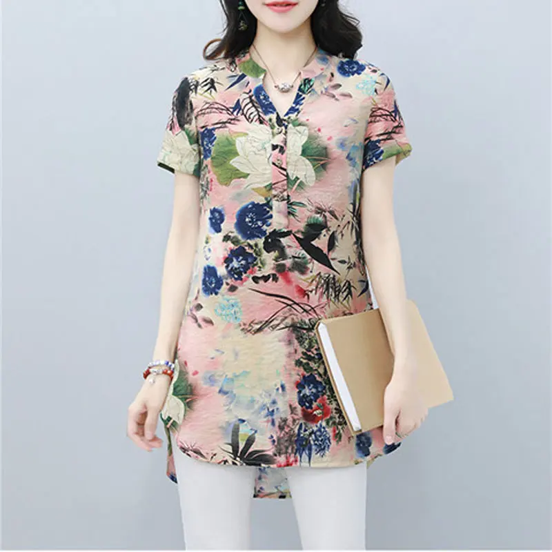 Women\'s Clothing Vintage Folk Printed Midi Shirt Commute Elegant V-Neck Summer Casual Spliced Short Sleeve Split Straight Blouse