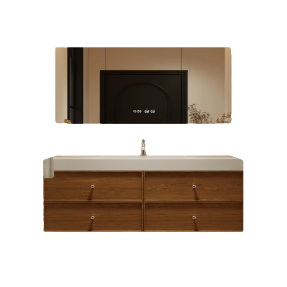 

French medieval solid wood paint bathroom cabinet combination walnut bathroom ceramic integrated basin hand