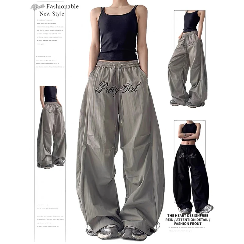 ZHIZOU 2026 Summer Women Goblin Core Long Trousers Letter Parachute Pants Y2K Japanese Harajuku Baggy Grunge 2000s Hip-pop Pants