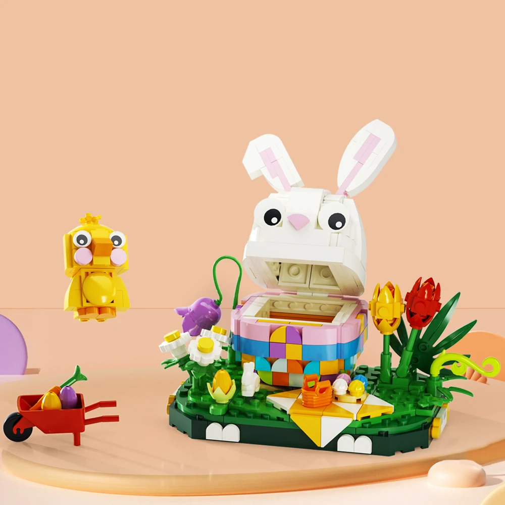 Gobricks moc coelho de páscoa modelo blocos de construção criativo animal coelho páscoa cena temática tijolo brinquedos para crianças presente das crianças