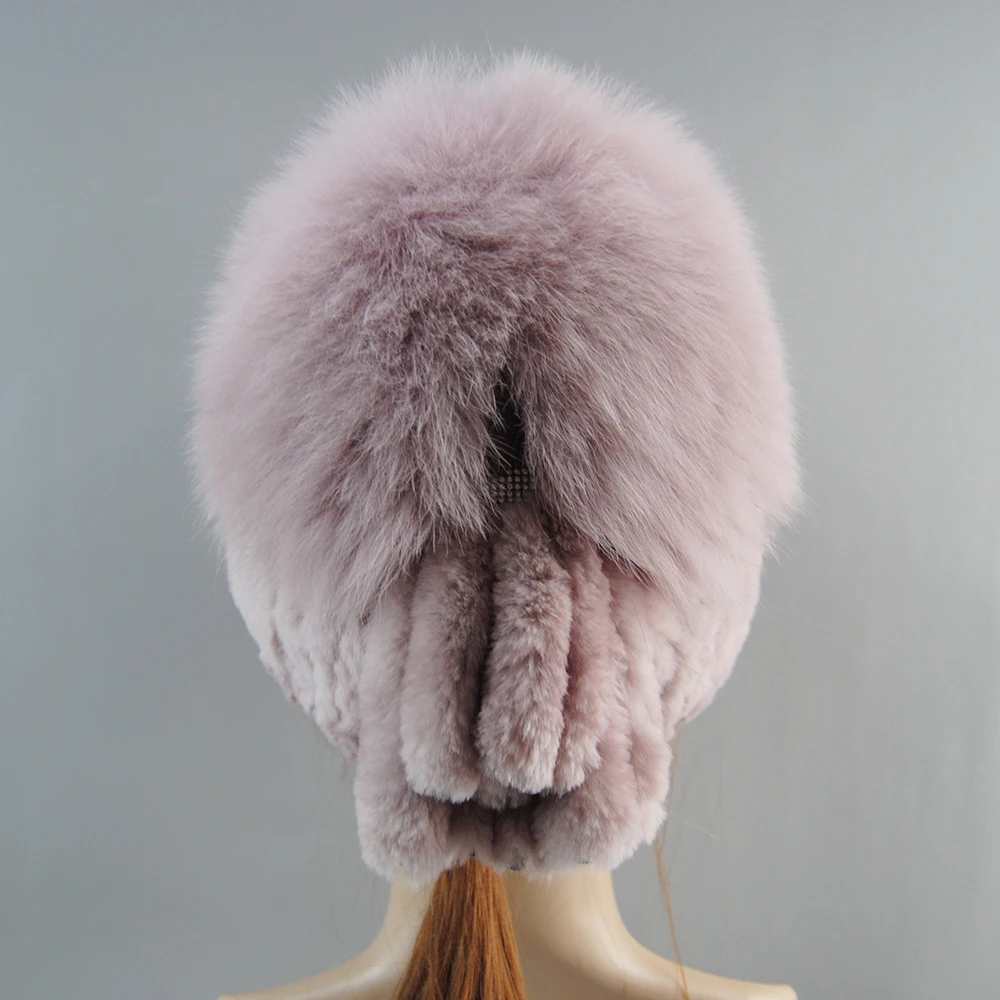 Russian Winter Fur Hat Ladies Style Real Rex Rabbit Fur Hat Knitted Rabbit Fur And Fox Fur Ski Hat Women Warm Winter Beanies Cap
