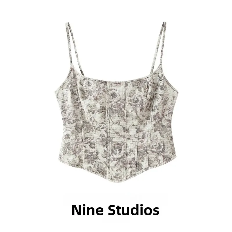 NINE ZAR Women's Floral Print Crop Top Strap Vest Slim Fit H-Shape Vest No Chest Pad Outerwear Short Length 2026 Winter