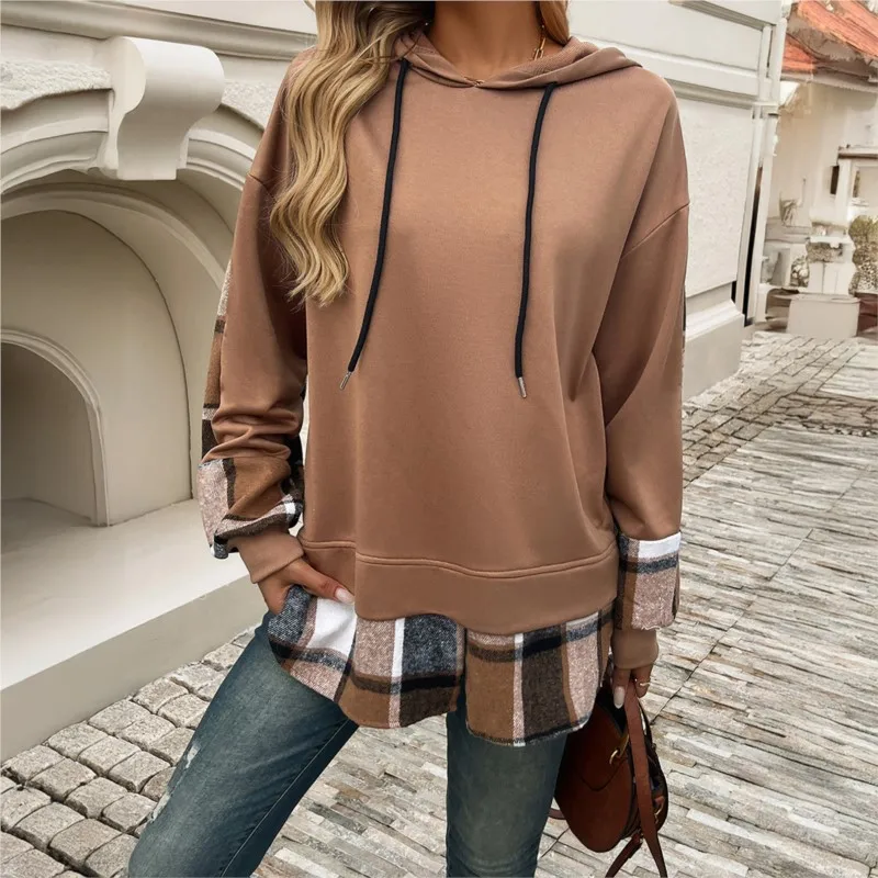 Women Casual Brown Loose Hoodies Autumn Winter Long Sleeve Hooded Sweatshirt Thick Simple Tops Lazy Style Pullover 2025 New