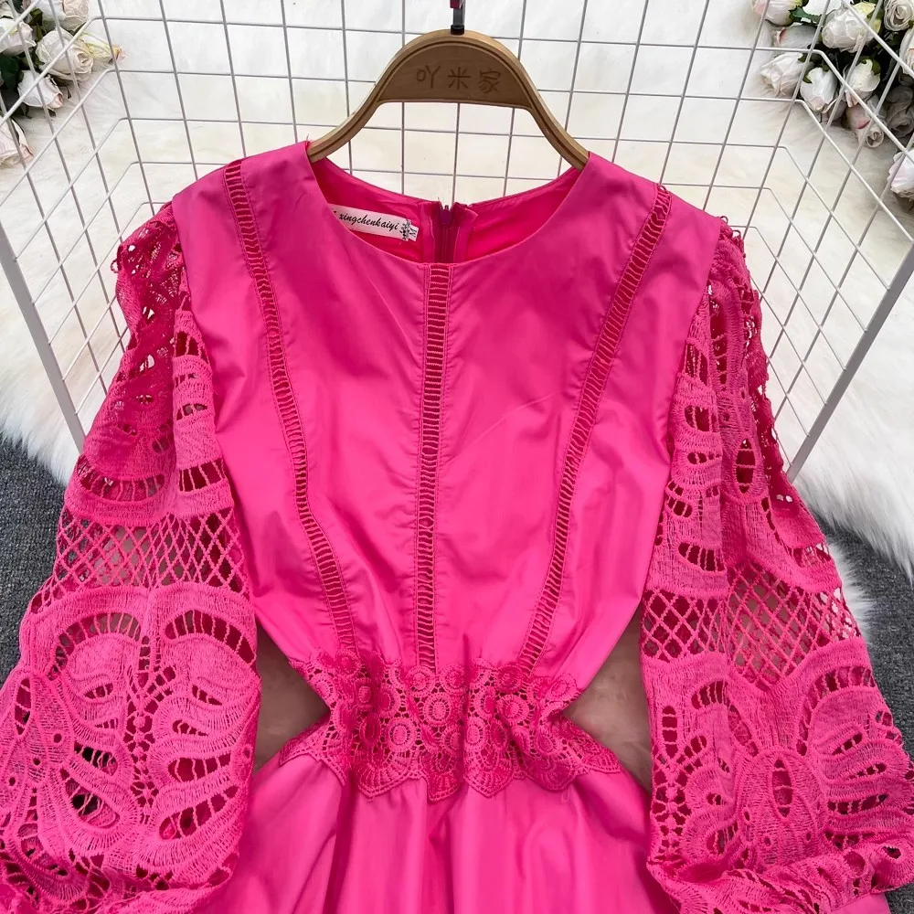 Luxury Newest 2023 Fashion Spring Autumn Lace Patchwork Hollo Out O Neck Lantern Sleeve Casual Party Holiday Women Dresses