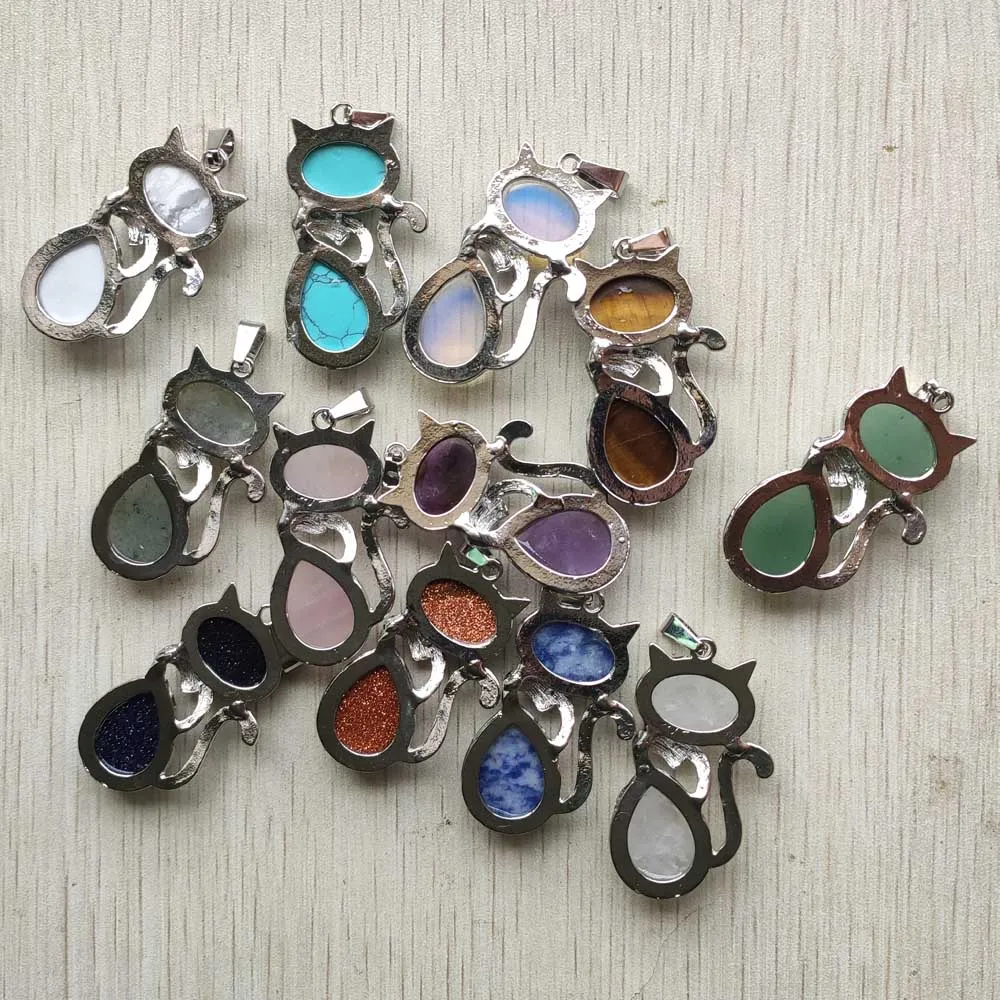 Fashion High Quality Assort natural stone mix cat alloy  shape pendants for jewelry making 12pcs/lot Wholesale free shipping