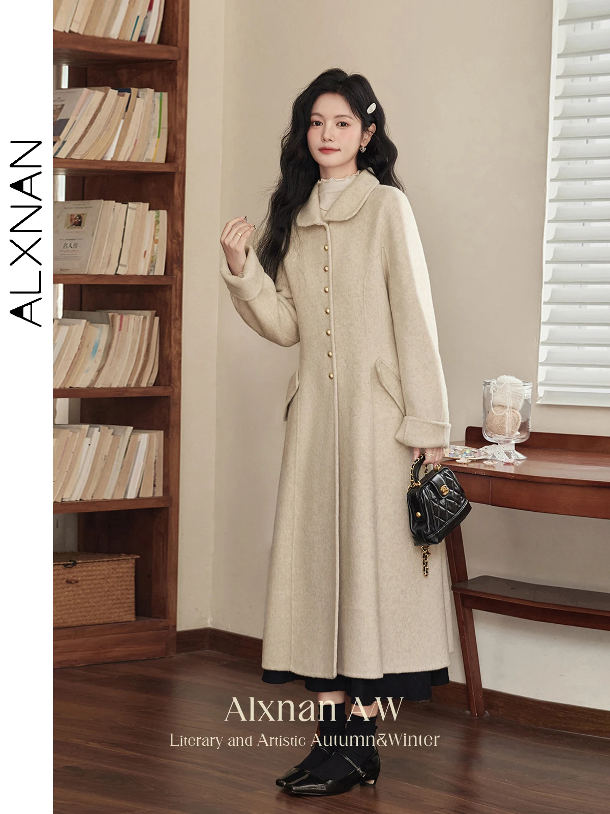 

ALXNAN шерстяное пальто женское осенне-зимнее длинное офисное женское двустороннее шерстяное пальто 2025 новая теплая элегантная женская верхняя одежда L51852