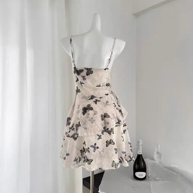 

High End Sensation Show Thin Irregular Skirt Fold Back Butterfly Printed Dress Short Strap Skirt