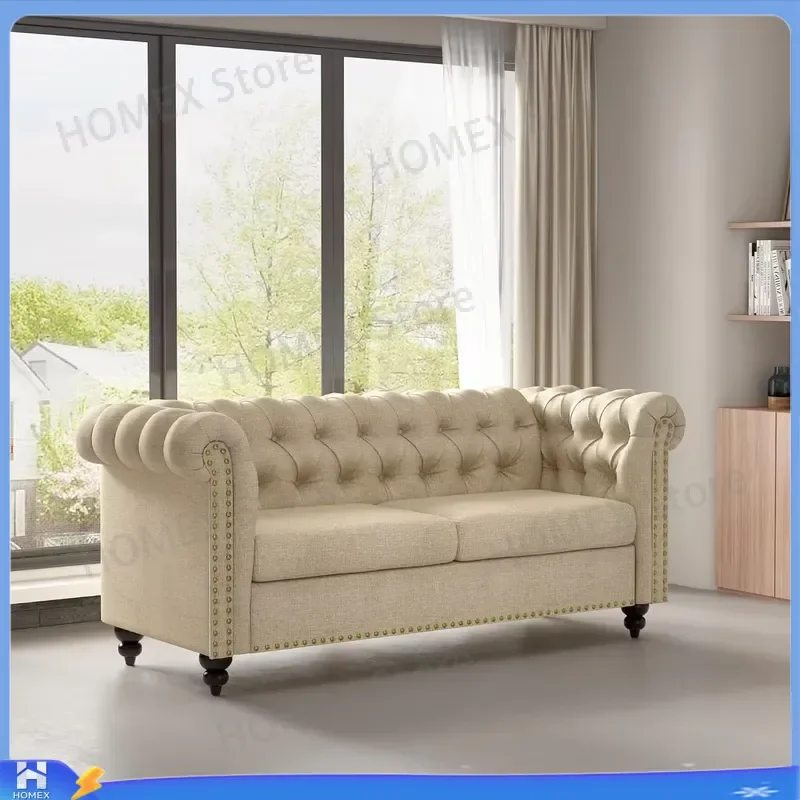 Large 2 Seater Chesterfield Style Button Back Sofa Linen Fabric Couch Settee for Living Room Office Bedroom Vintage Victorian