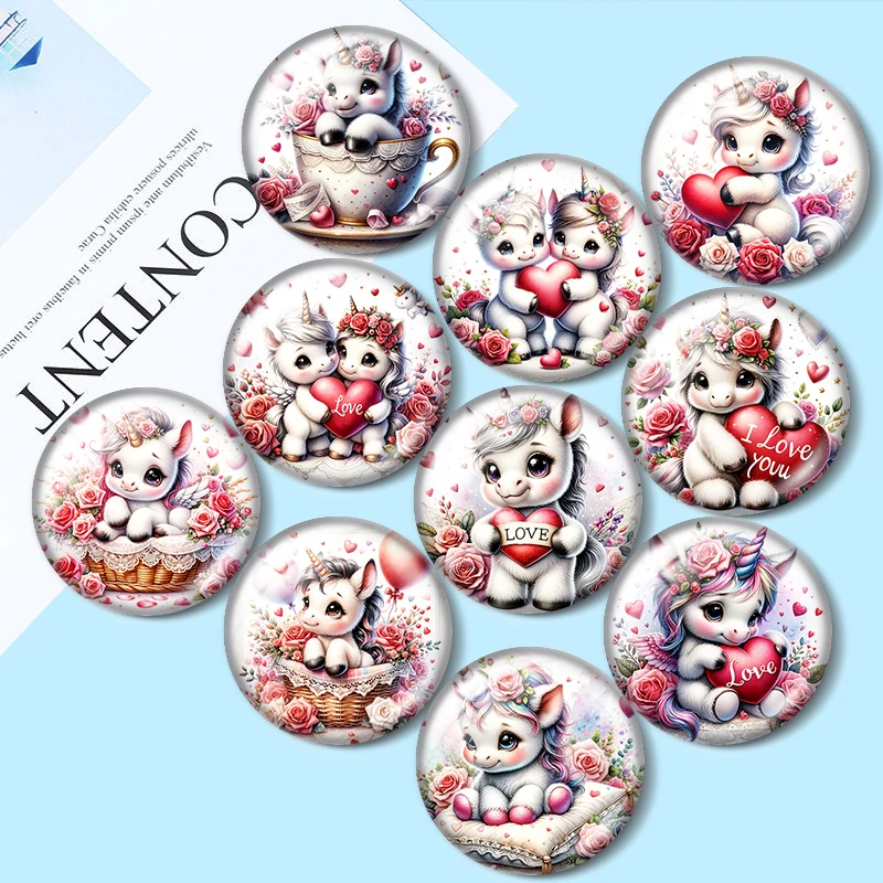 Lovely Unicorn on Valentine's Day 10pcs18mm/20mm/25mm Round photo glass cabochon demo flat back Making findings