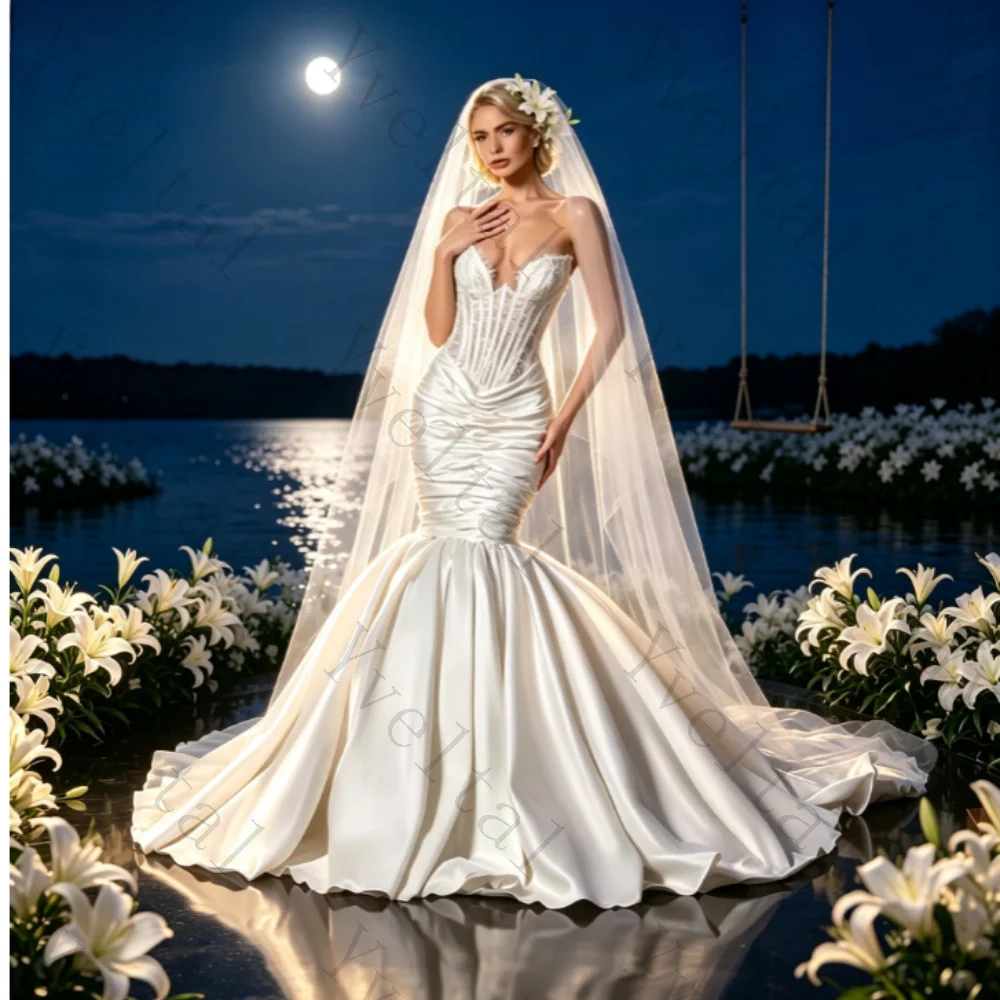 Customized Graceful Temperament Mermaid Corset Wedding Dresses V Neck Pleated Ruched Appliques Fascinating Bridal Gowns