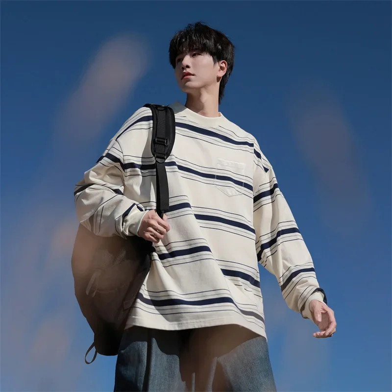 Herbst japanische Retro gestreifte Sweatshirts für Männer und Frauen y2k Streetwear Rundhals ausschnitt Langarm T-Shirts lässige Tasche Strick oberteile