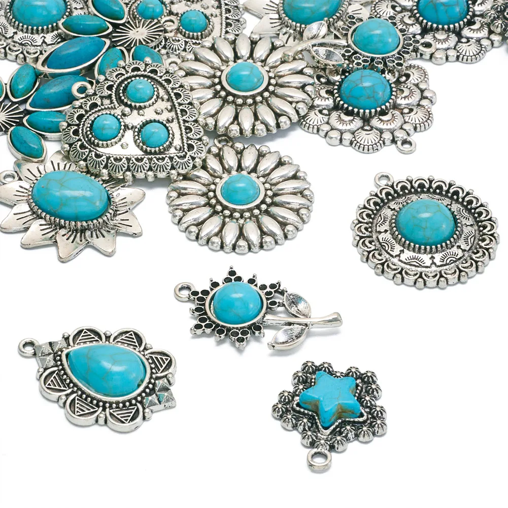 18 Stuks Tibetaanse Stijl Legering Hangers Met Synthetische Turquoise En Hars Kralen Gemengde Vormen Antiek Zilver Voor Het Maken Van Diy Ketting