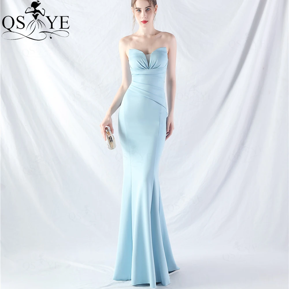 QSYYE Wedgewood Blue Prom Dress 2024 Elastic Ruched Full Mermaid Evening Dresses Off Shoulder V neck Long Party Formal Gown