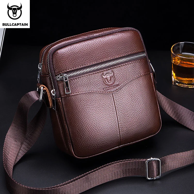 BULLCAPTAIN Casual Men\'s Messenger Shoulder Bag High Quality Smooth Hardware Zipper Pocket Leather Shoulder Bag For Men