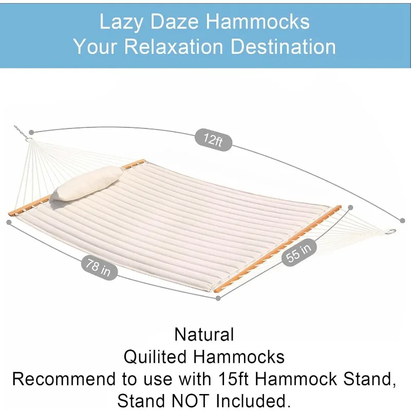 12Ft Double Quilted Hammock, With Spreader Bars Detachable Pillow, Two Person For Outdoor, Patio Backyard Poolside