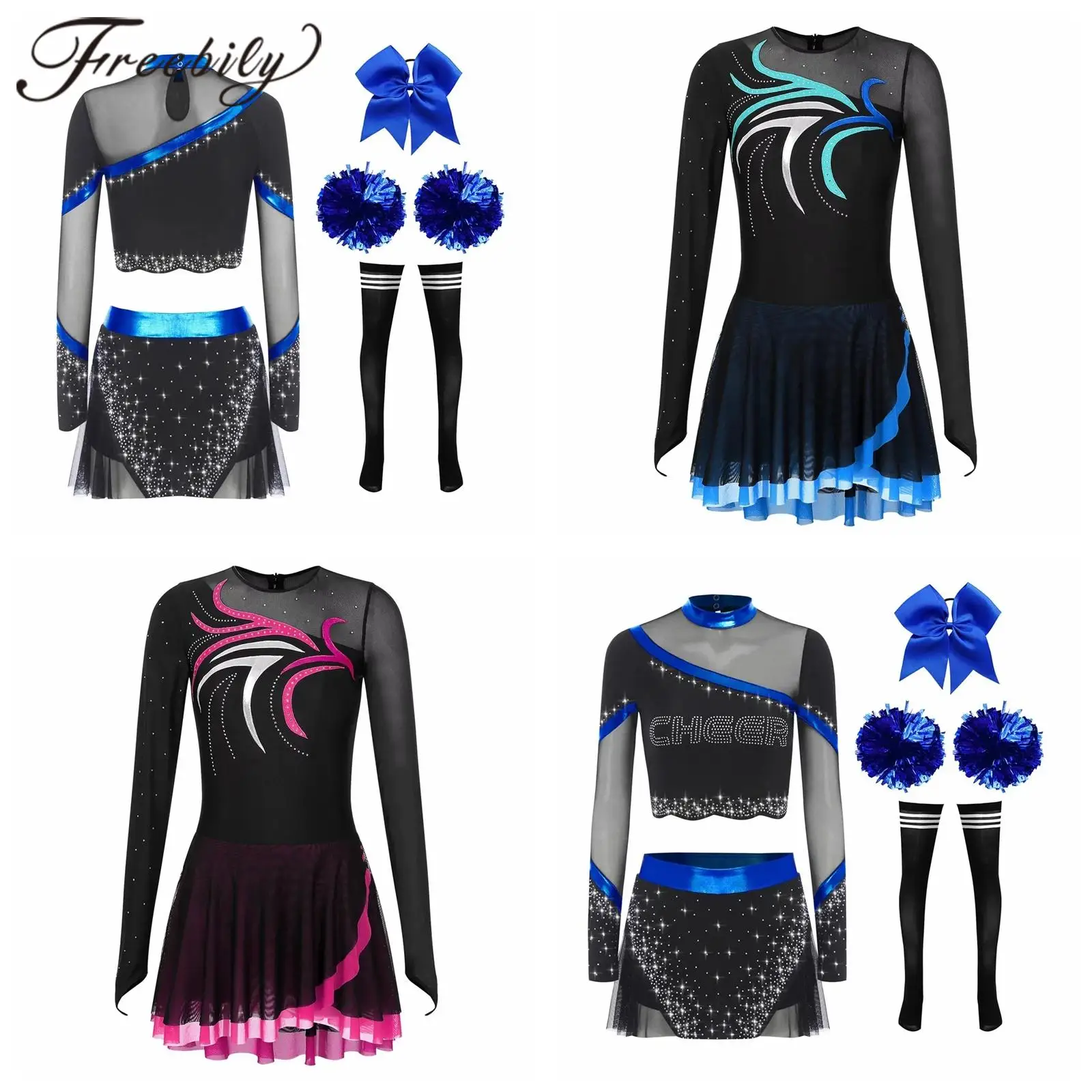 Women Glittery Rhinestones Cheerlead Uniforms Cheerleader Costume Cheerleading Uniforms School Girls Cheer Dance Outfit