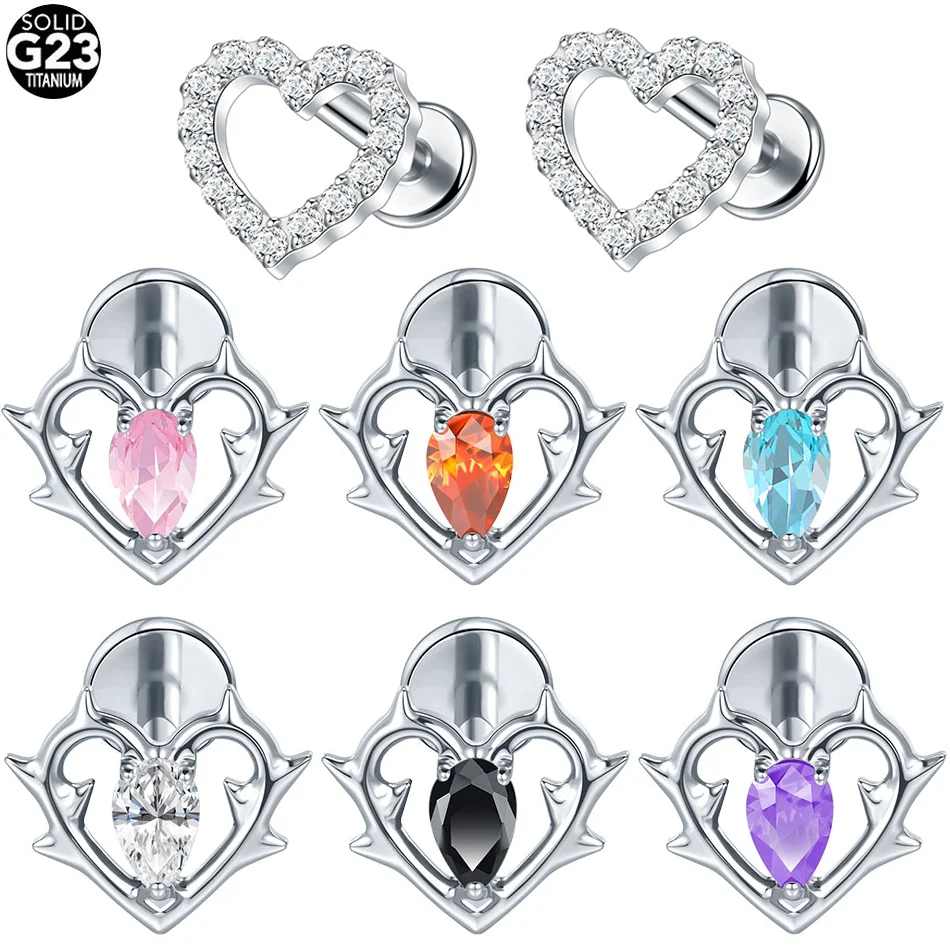 1pcs Titanium Cute Heart Shape Stud Earring Internally Threaded CZ Cartilage Lobe Helix Tragus Piercing Body Jewelry