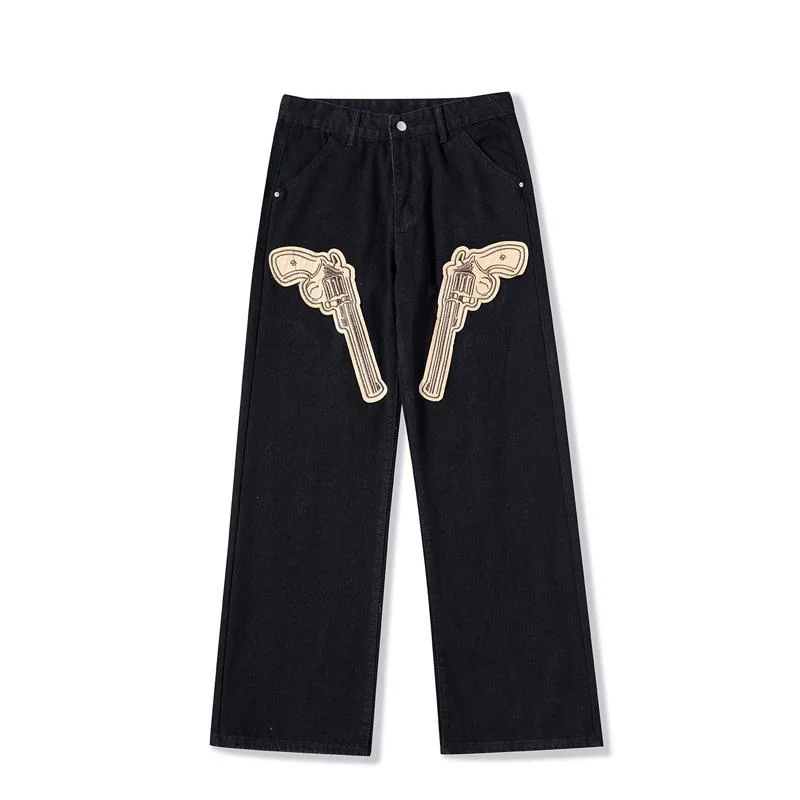 Y2K Printed Revolver Jeans uomo 2022 New American Retro allentato dritto High Street Hip Hop pantaloni a gamba larga pantaloni versatili da pavimento