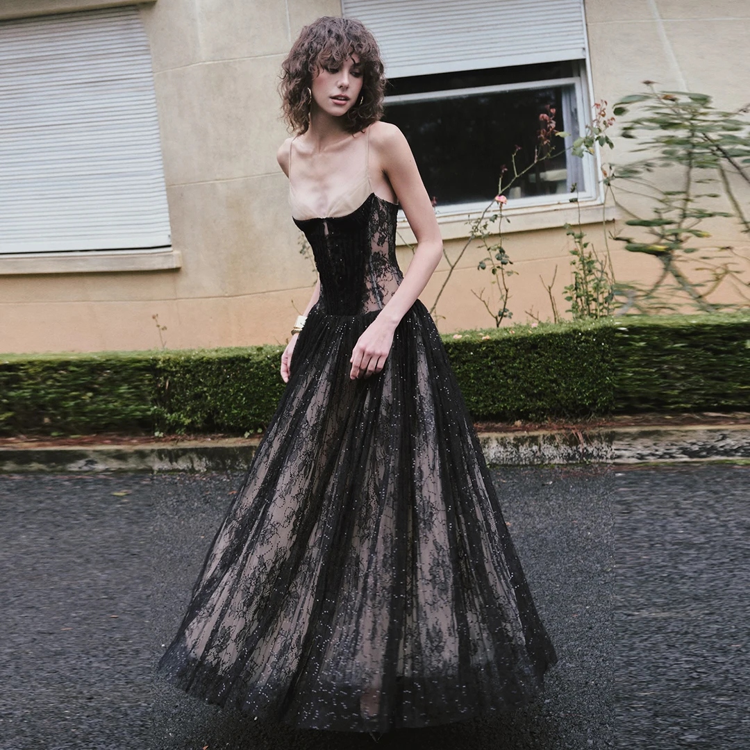 

Элегантное черное кружевное вечернее платье А-силуэта с V-образным вырезом на тонких бретелях длиной до пола, полупрозрачное летнее вечернее платье с блестками