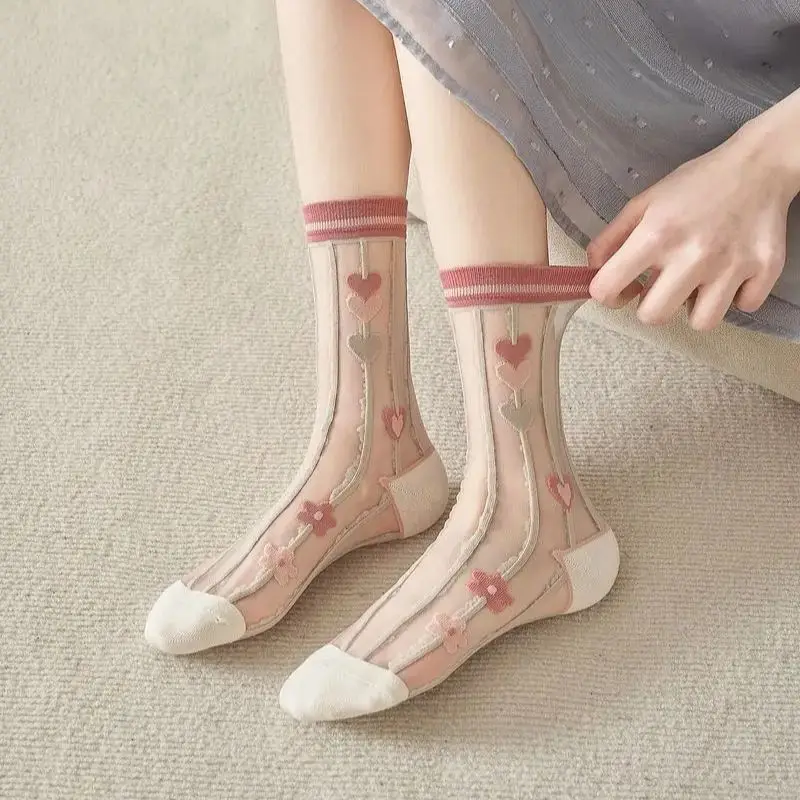 

Женские летние прозрачные модные носки-тюльпаны из кристаллического стекла с узором, шелковые, прозрачные, до икры