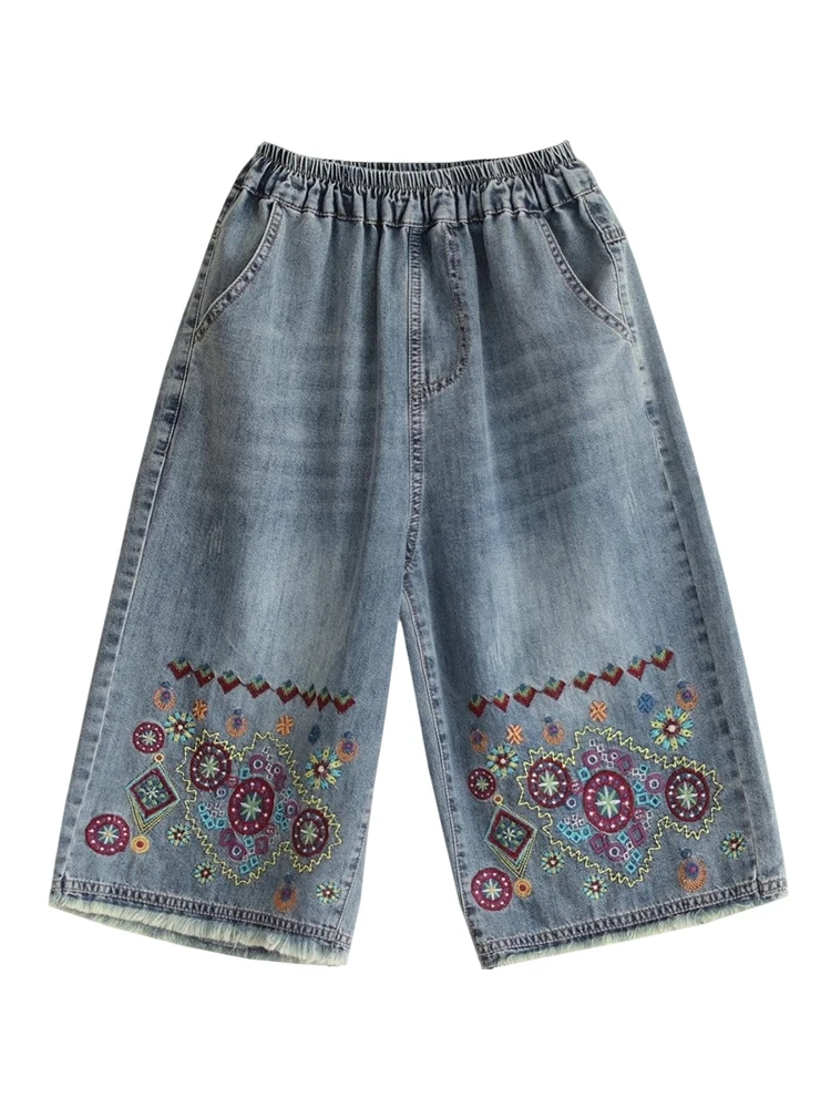 新しい中国風の刺繍スキニージーンズ女性の夏の薄いハイウエストルーズカジュアルワイドレッグパンツ 7-5 ブーツカット