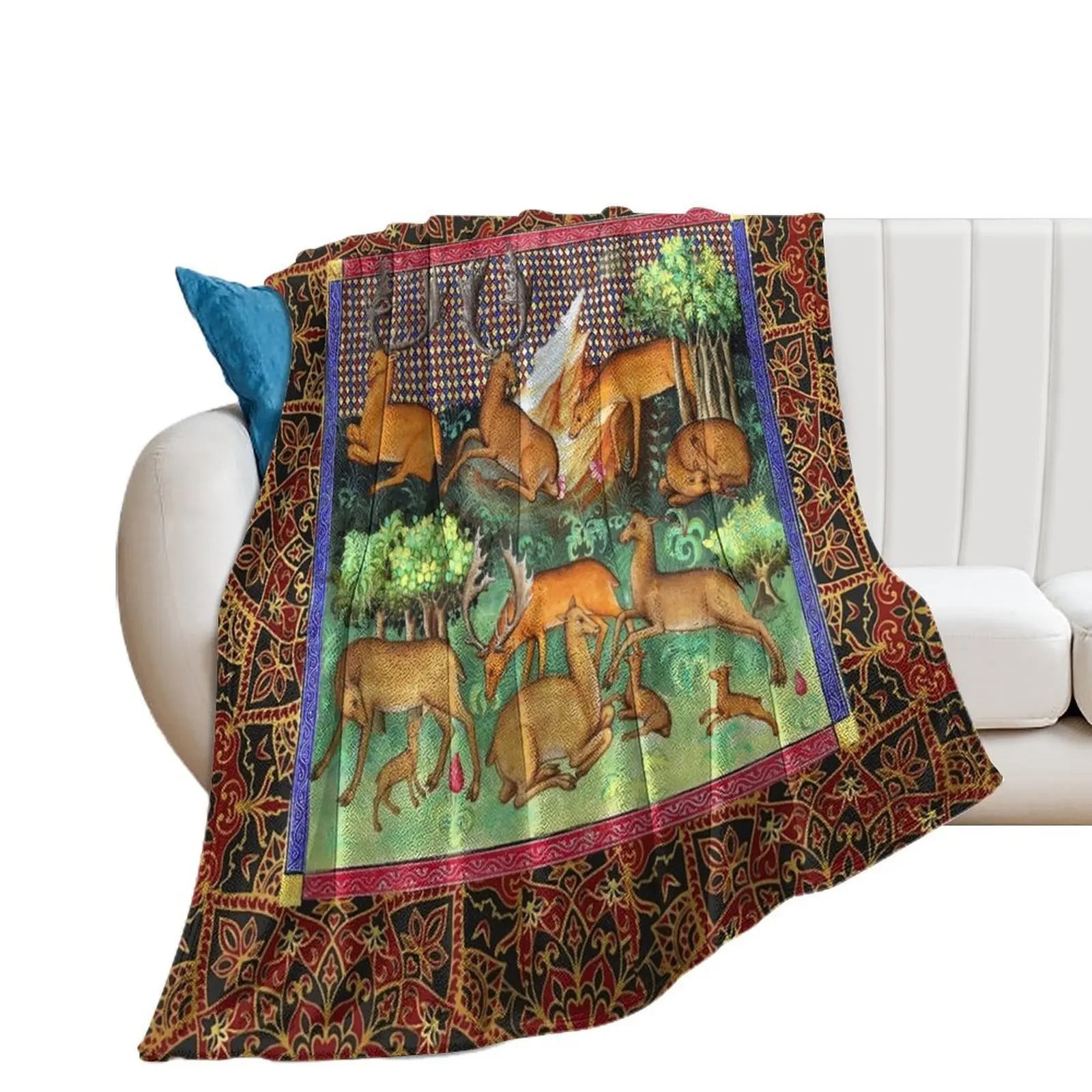 BOOK OF HUNTING ,DEERS,STAGS IN WOODLAND GREENERY Medieval Miniature Throw Blanket blankets and throws Warm Decoratives Blankets