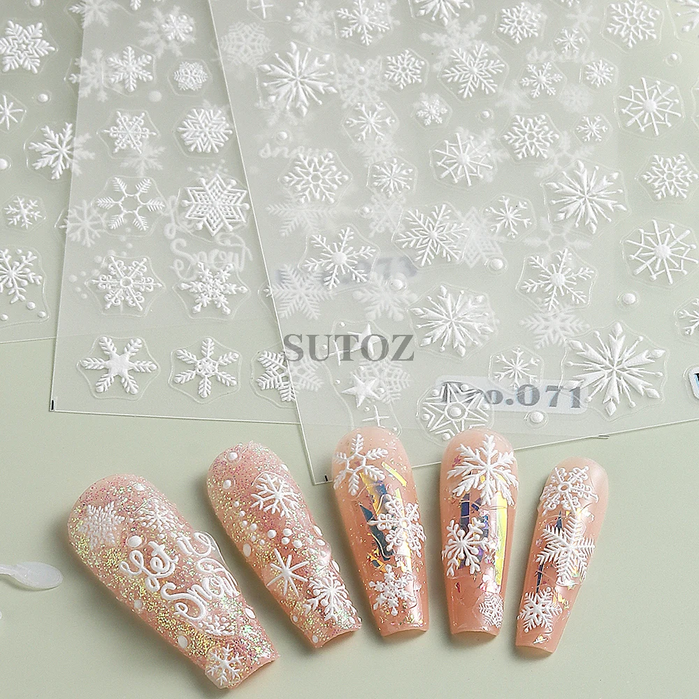 Adesivi con fiocchi di neve per unghie decalcomania per unghie neve bianca 5D goffrata inverno natale Design lettere Slider Manicure decorazione