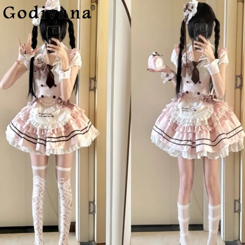 

Sweet Cute Girl College Style Skirt Outfits Pink Ruffle Blouse Vest Puff Skirt Three Piece Suit Women's Japanese Lolita Set