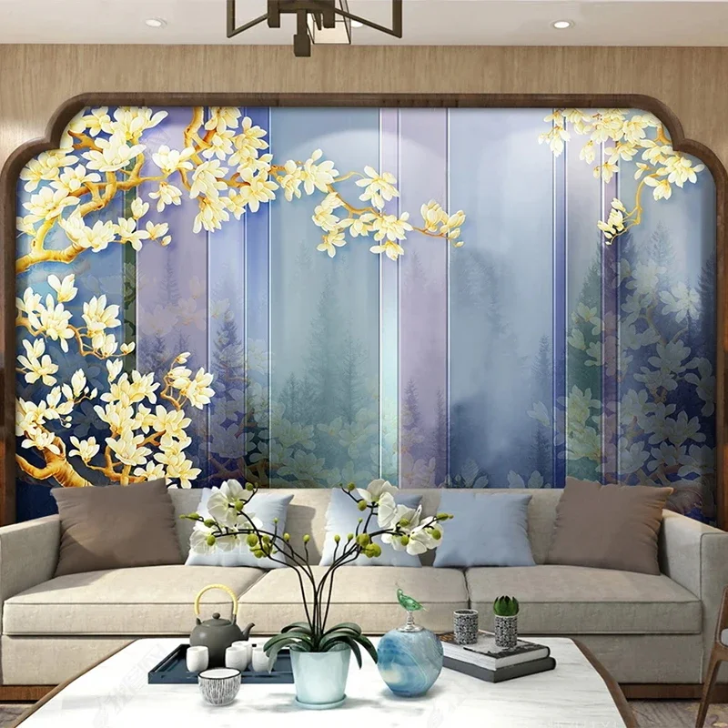 Custom Mural Wallpaper 3D Magnolia Flower Ink Landscape Background Wall Decor Living Room TV Sofa Bedroom Papel De Parede Sala