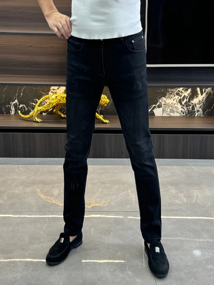 Black Embroidered Slim Fit Men's Jeans Fashionable Business Casual Pants Autumn Winter Trendy Lightweight Cotton Polyester Blend
