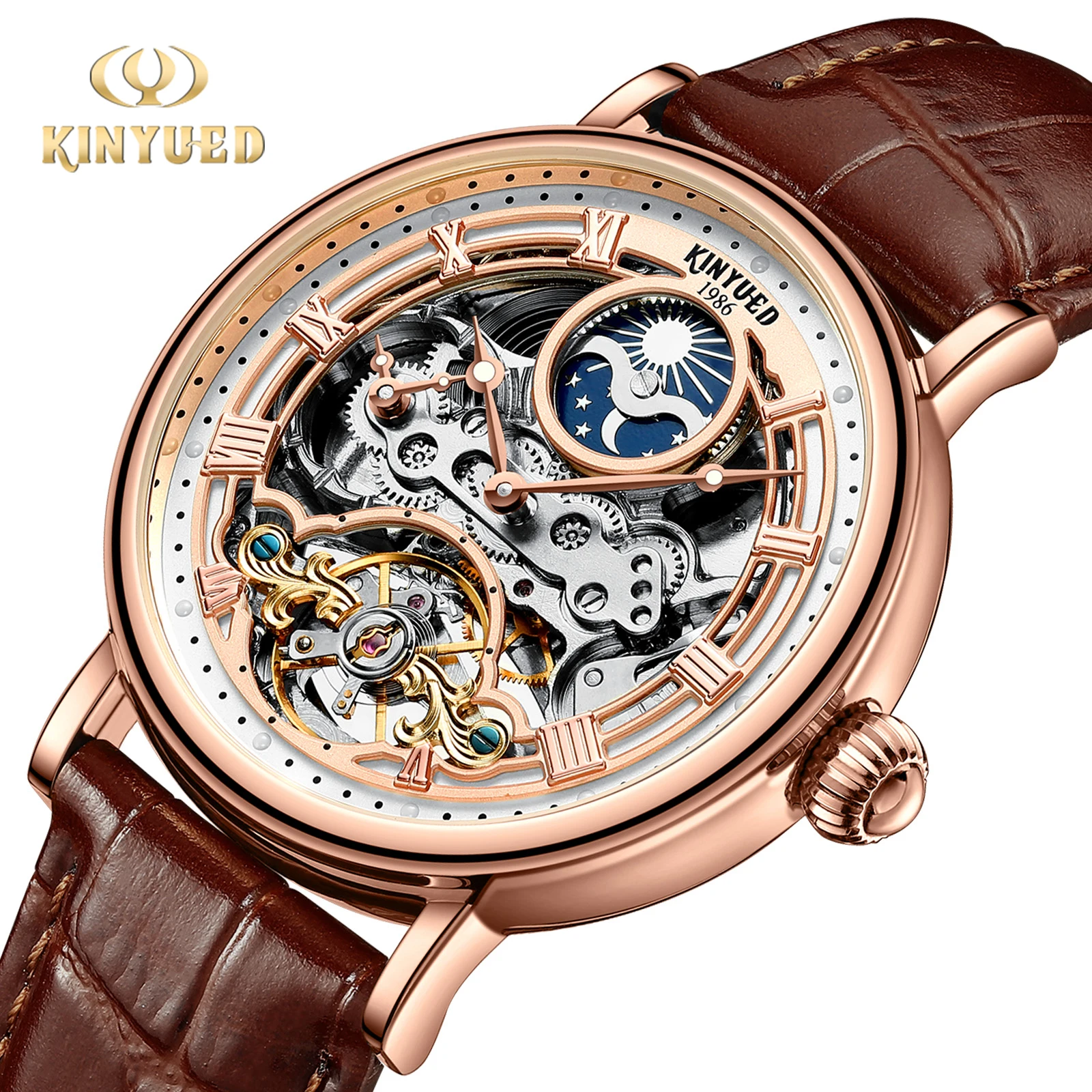 KINYUED full yautomatic mechanical watch waterproof men's watch multifunctional mechanical watch double-sided hollow  J117-2