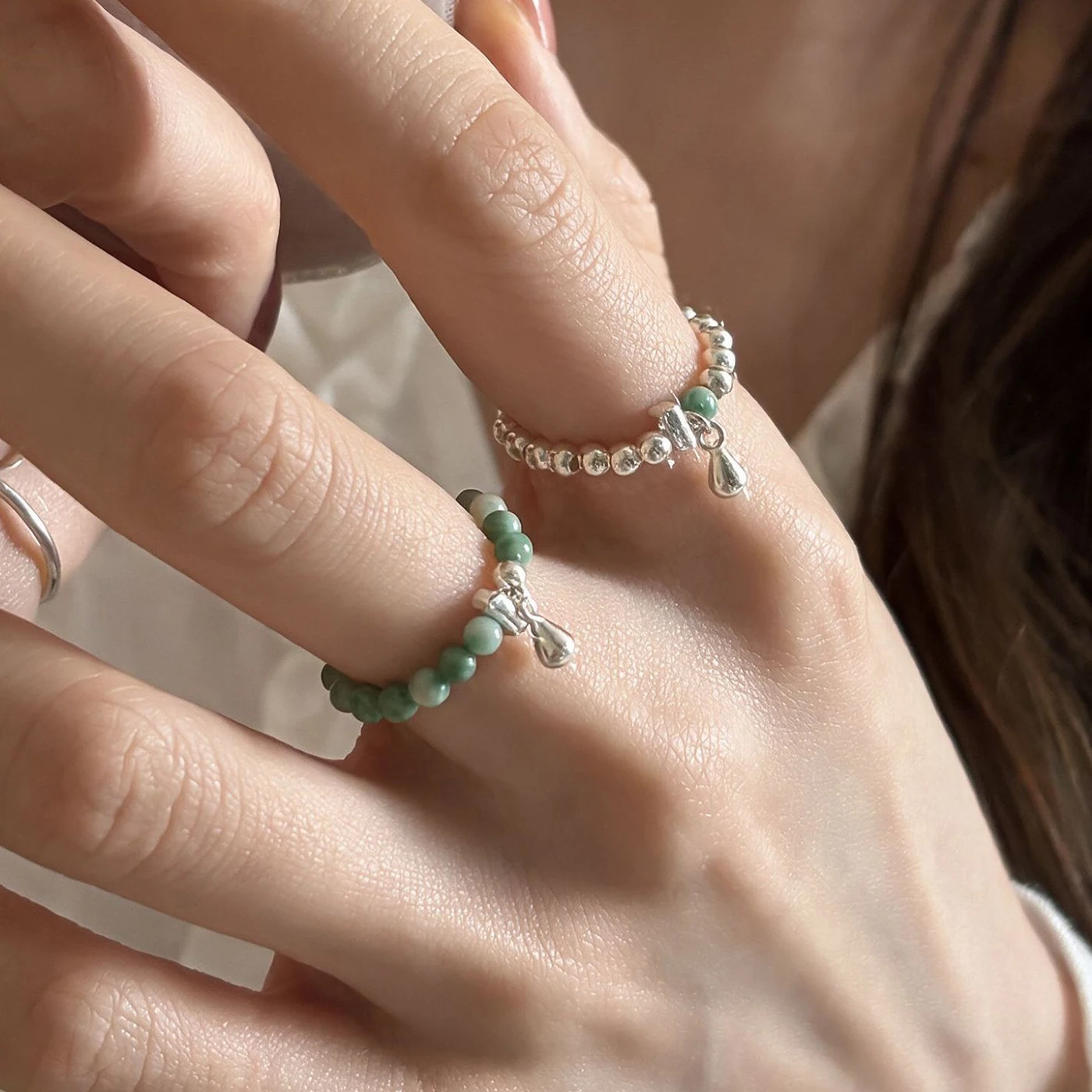925 Sterling Silver Open Finger Ring Elastic Stretch Beaded Teardrop Green Jade For Women Girl Jewelry Gift Dropship Wholesale