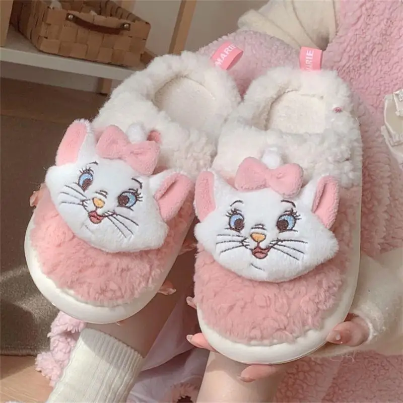 Kawaii Disney Marie Cat, женские хлопковые тапочки, зимние домашние нескользящие плюшевые тапочки, милая мультяшная обувь с мягкой подошвой